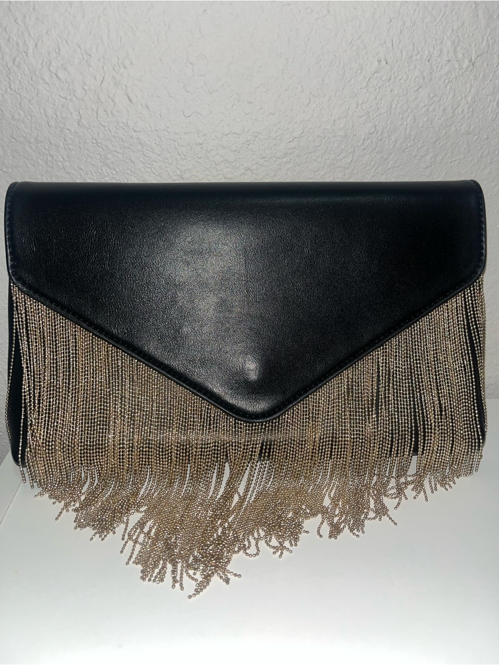 Black Fringe Chain Envelope Clutch